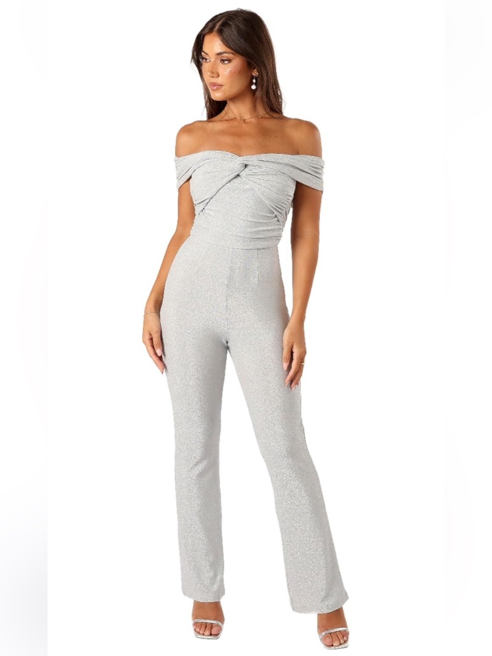 Petal & Pup Sharnie Off Shoulder Silver Glitter Jumpsuit Small NWT